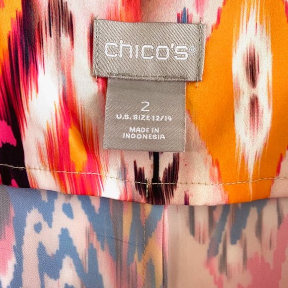 CHICO'S Multicolor Ikat Print Split-Neckline Dolman Short Sleeve Blouse - Picture 4 of 6